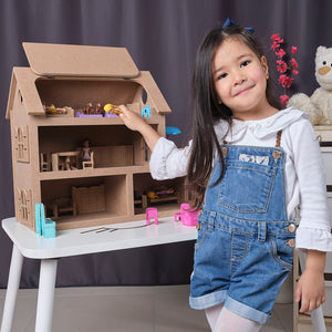 Wood Doll House 3-4-5-6-7-8 Year Old, Wooden Dollhouse for Kids, Handmade Waldorf Montessori Toys for Toddler, DIY Miniature Model Kit with Role Playing Furniture, Paintable Educational Toy