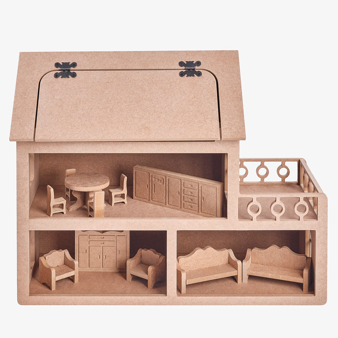 Wood Doll House 3-4-5-6-7-8 Year Old, Wooden Dollhouse for Kids, Handmade Waldorf Montessori Toys for Toddler, DIY Miniature Model Kit with Role Playing Furniture, Paintable Educational Toy